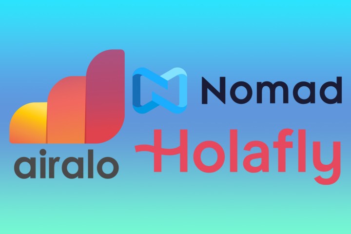 Airalo, Nomad and Holafly logos on a blue-green gradient background